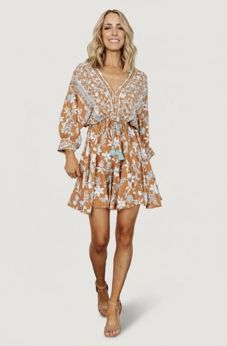 Baltic Born Adria Mini Dress S Camel Blue Boho Deep V Floral Beachy Flirty Date